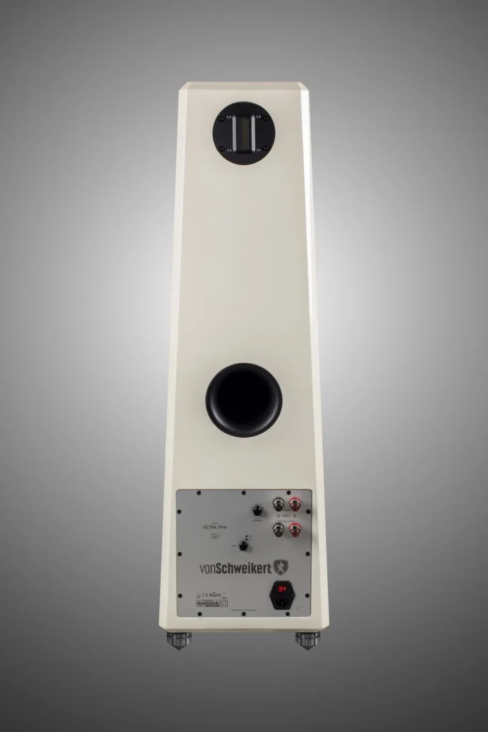 Von Schweikert loudspeaker in white, back view