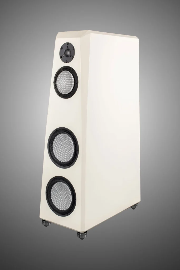 Von Schweikert loudspeaker in white, three-quarter view